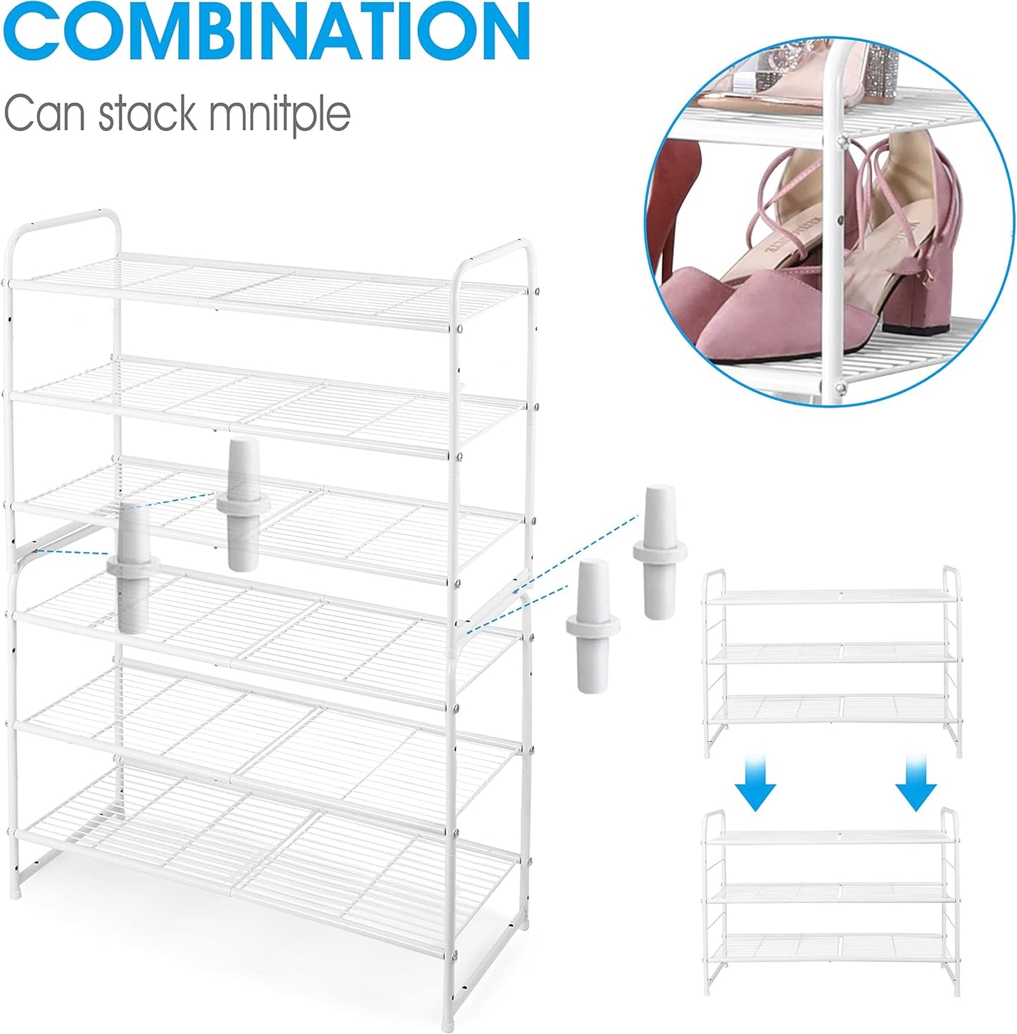 Simple Trending 3-Tier Stackable Shoe Rack, Expandable & Adjustable Shoe Shelf Storage Organizer, Wire Grid, Black