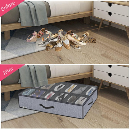 Onlyeasy Sturdy Under Bed Shoe Storage Organizer, Set of 2, Fit 12 to 24 Pairs, Underbed Shoes Closet Storage Solution with Clear Window, Breathable, L29.3 x W23.6 x H5.9, Linen-like Black, MXAUBSB2P