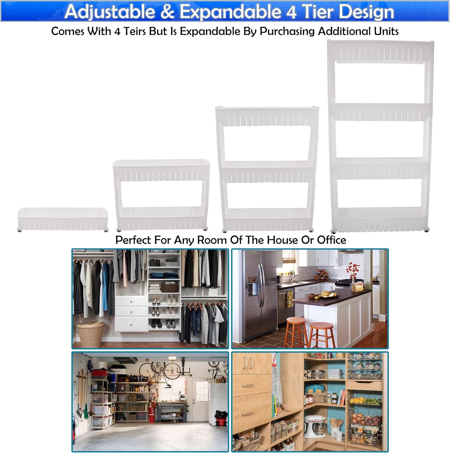 Slim Rolling Storage Cart for Bathroom and Laundry Room Organization - Narrow Space-Saving Mobile Shelving Utility Cart - Versatile Tier Design (White, 4 Tier)