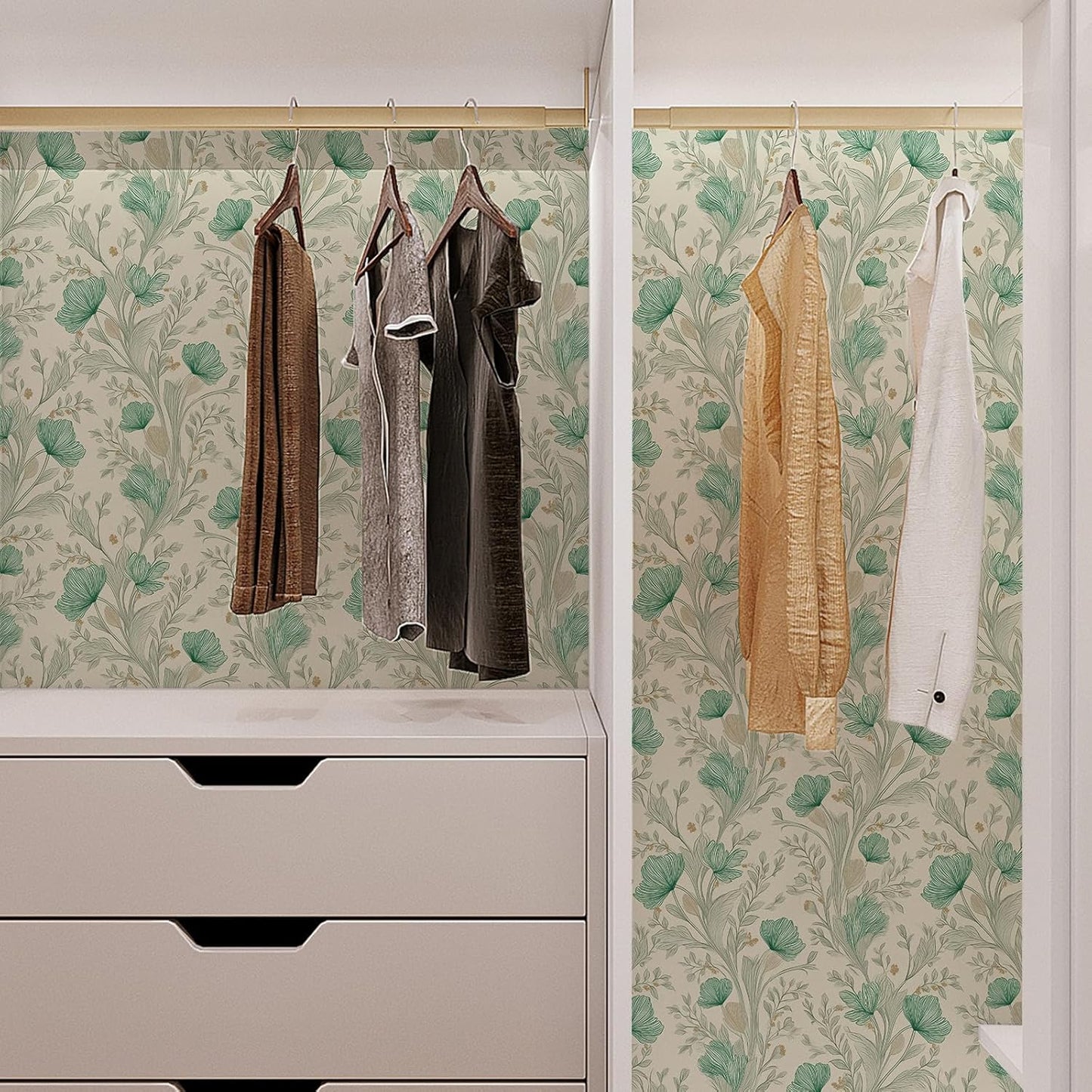 Peel and Stick Wallpaper, Self - Adhesive Removable Light Beige with Green Flowers Pattern, PVC Contact Paper for Bedroom/Living Room/Kitchen/Bathroom/Cabinet, Renter Friendly, 17.7inx118in