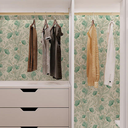 Peel and Stick Wallpaper, Self - Adhesive Removable Light Beige with Green Flowers Pattern, PVC Contact Paper for Bedroom/Living Room/Kitchen/Bathroom/Cabinet, Renter Friendly, 17.7inx118in