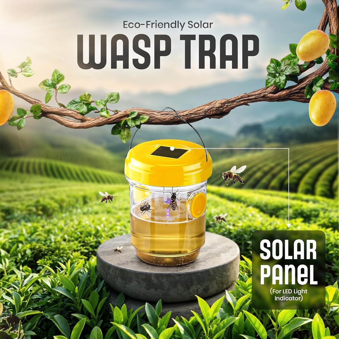4 Pack Zapnest Solar Wasp Trap Outdoor Hanging Reusable Yellow Jacket, Hornet, Bee & Mud Dauber Catcher Bright Yellow Bug Repellent for Garden, Patio & Yard