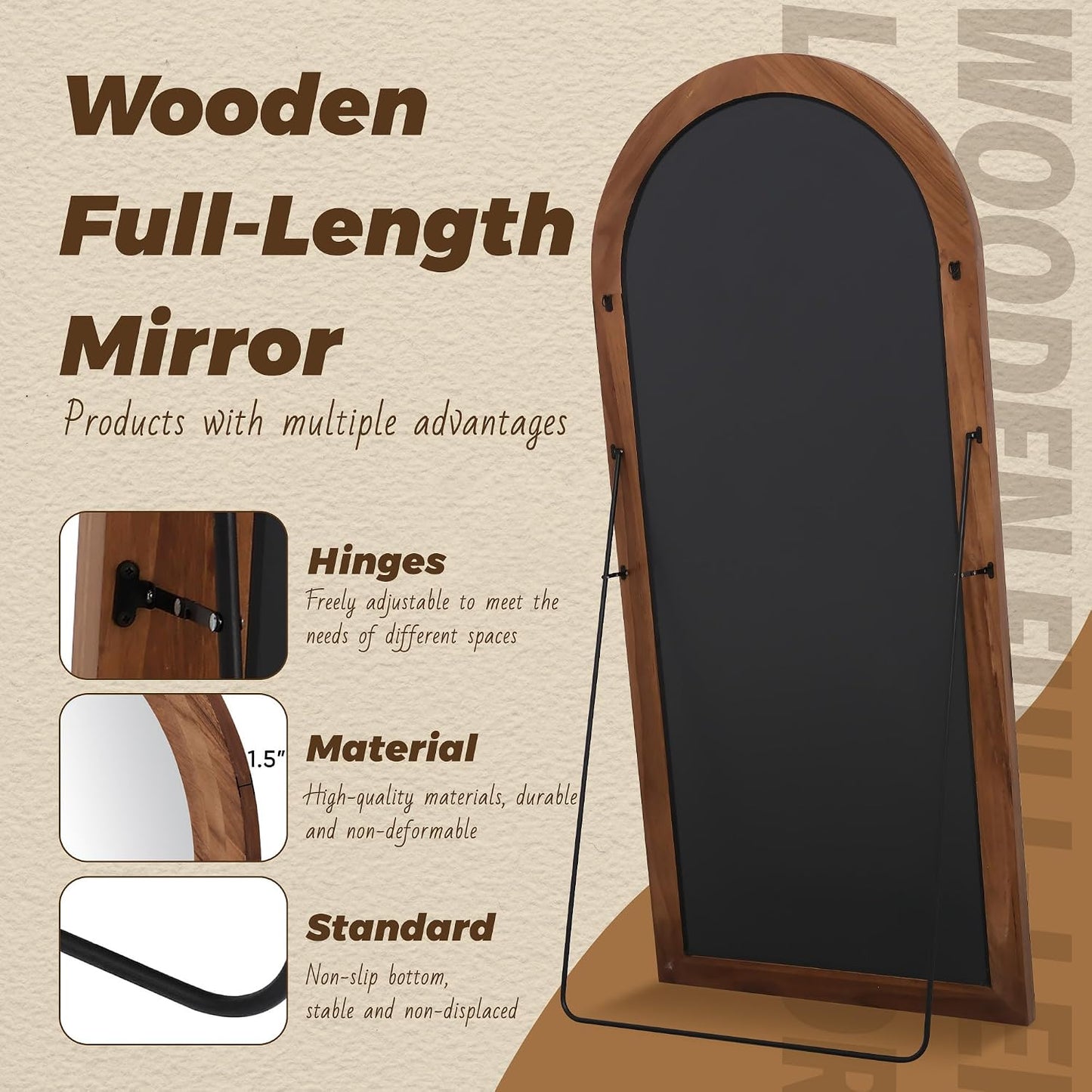 Antok Full Length Mirror with Solid Wood Frame, 71"×32" Wall Mounted Oversized Floor Mirror with Stand, Leaning Standing Hanging for Bedroom Living Room Entryway, Walnut, Arched Syle