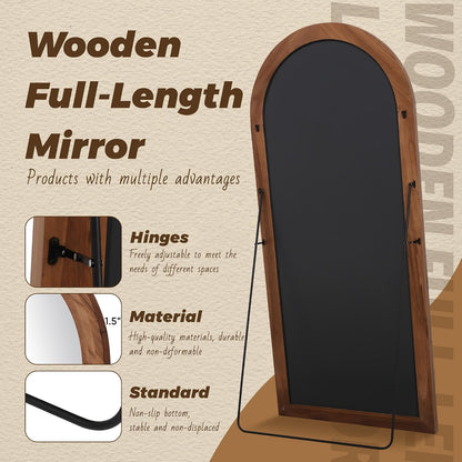 Antok Full Length Mirror with Solid Wood Frame, 71"×32" Wall Mounted Oversized Floor Mirror with Stand, Leaning Standing Hanging for Bedroom Living Room Entryway, Walnut, Arched Syle