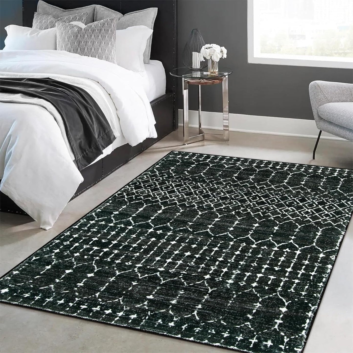 Lahome Moroccan Entry Rug 2x3, Non-Slip Washable Front Indoor Door Mat Rubber Backing Low-Profile Door Rugs, Small Geometric Print Distressed for Entryway Bathroom Kitchen, Black Hana