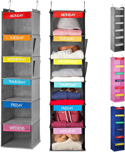 Handy Laundry Weekly Clothes Organizer for Kids, 6-Shelf Bamboo Reinforced | Days of the Week Hanging Closet Shelves, Monday Through Friday and Weekend, School Outfit Storage, Side Pockets, Pink
