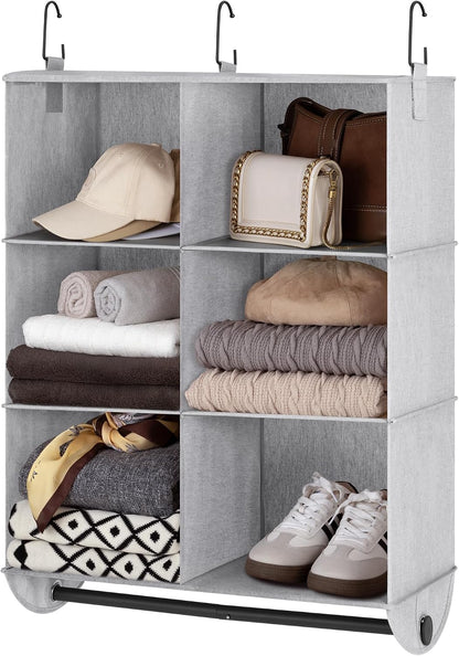 StorageWorks Hanging Closet Organizer with Metal Rod, 4-Section Closet Organizers and Storage, Collapsible Hanging Shelves for Baby Clothes, Shoes, Sweater Storage, Ivory and White