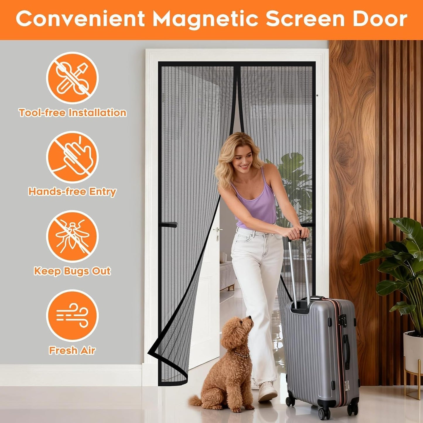 Magnetic Screen Door, Screen Door Mesh, Heavy-Duty Mesh Curtain, Door Net Keep Bugs Out, Hands Free Partition, Screen Size 38” × 83”, Fits 36” × 82” Doors, Pet & Kid Friendly, Black
