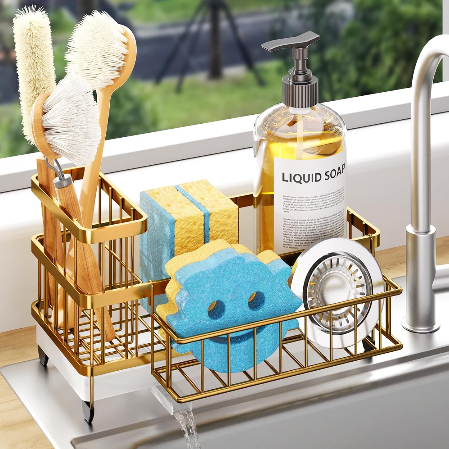 Consumest Sponge Holder for Kitchen Sink - Auto Draining Sink Caddy Organizer with Detachable Rack, High Brush Holder, Kitchen Countertop Storage Accessories, Black