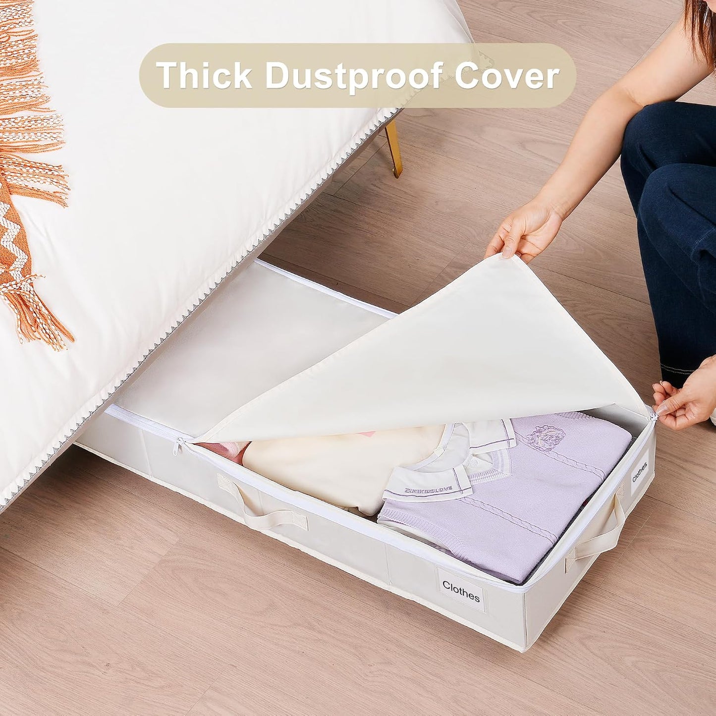 Vincona Under Bed Storage with Wheels, 2 Pack Under Bed Storage Containers with Label Holders for Clothes, Shoes and Blankets, Rolling Underbed Shoe Organizer with Cover, Beige (30.71x15.7x7.28 in)