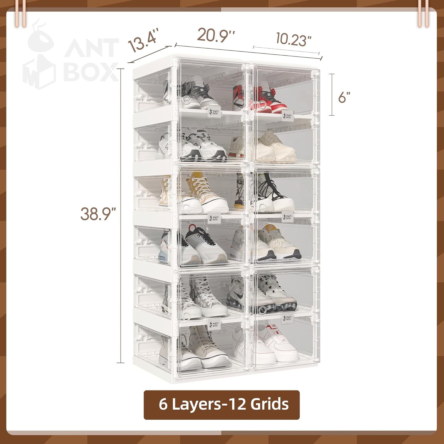 ANTBOX Collapsible Shoe Boxes Clear Plastic Stackable, Quick Setup Drop Front Shoe Organizer, Display Storage Cabinet for Sneakers10 Tiers 20 Pairs