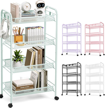 TOOLF 3-Tier Metal Rolling Cart, Mesh Wire Easy Assemble Utility Cart, Storage Trolley on Wheels with 3 Hooks, MetalStorage Shelving Units for Kitchen Bathroom Laundry Room