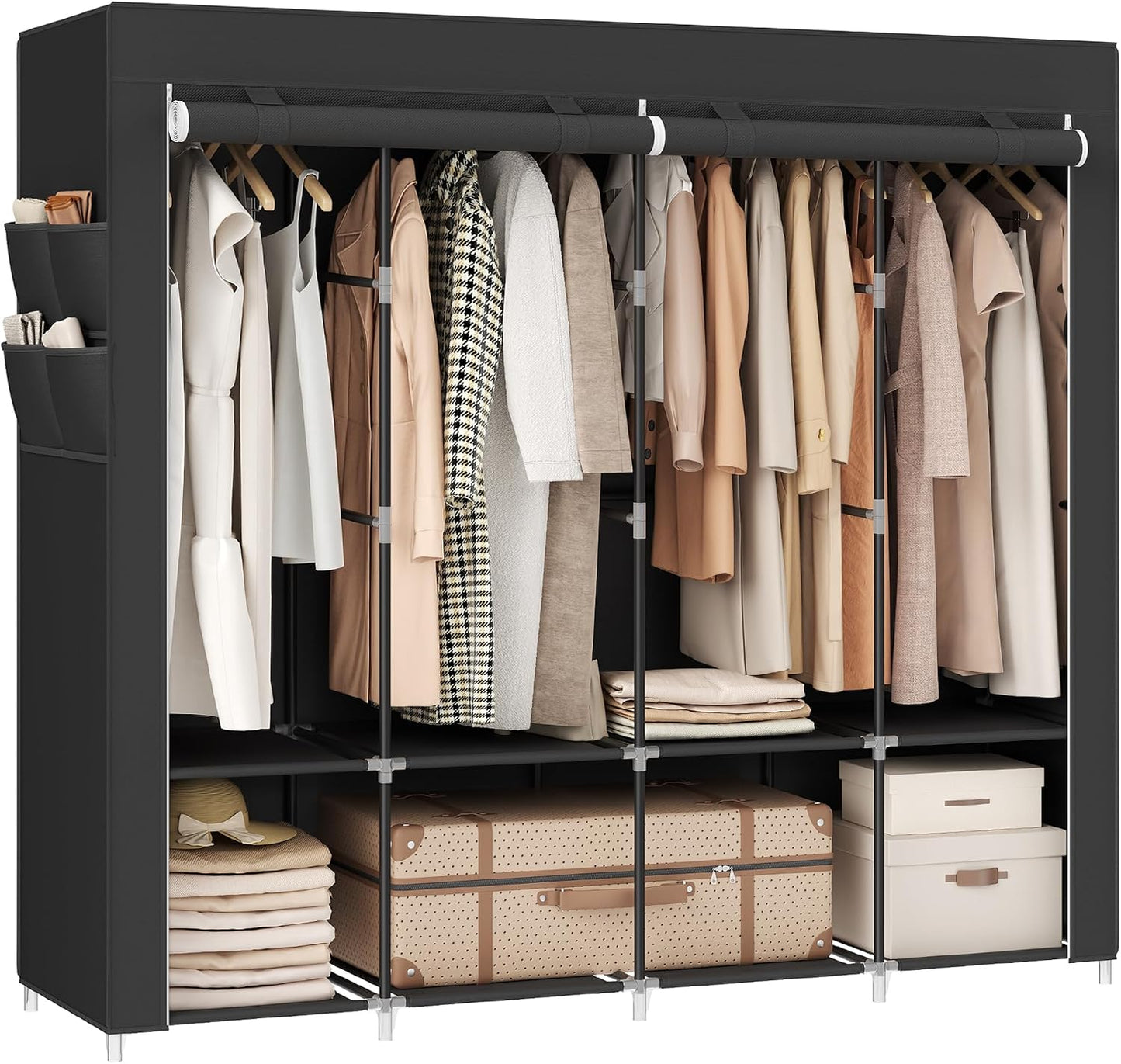 SONGMICS Portable Closet, Wardrobe Closet Organizer with Cover, 3 Hanging Rods and Shelves, 4 Side Pockets, 51.2 x 17.7 x 65.7 Inches, Large Capacity for Bedroom, Living Room, Ink Black URYG092B02
