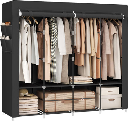 SONGMICS Portable Closet, Wardrobe Closet Organizer with Cover, 3 Hanging Rods and Shelves, 4 Side Pockets, 51.2 x 17.7 x 65.7 Inches, Large Capacity for Bedroom, Living Room, Ink Black URYG092B02