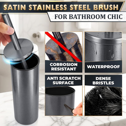 Black Toilet Brush and Holder Set - Slim Matte Design that Fits Anywhere - Stainless Steel Toilet Bowl Brush and Holder with 2 Rounded Corners, Replaceable Head, Removable Inner Bowl & Splash Guard