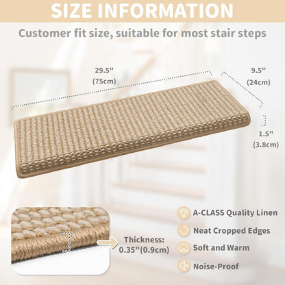 Brakki Bullnose Carpet Stair Treads, Non Slip Stair Treads for Wooden Steps Indoor, Stair Runner, Soft Stair Rugs, Edging Stair Protectors, Washable, 29.5"x9.5"x1.5" 14pcs, Beige