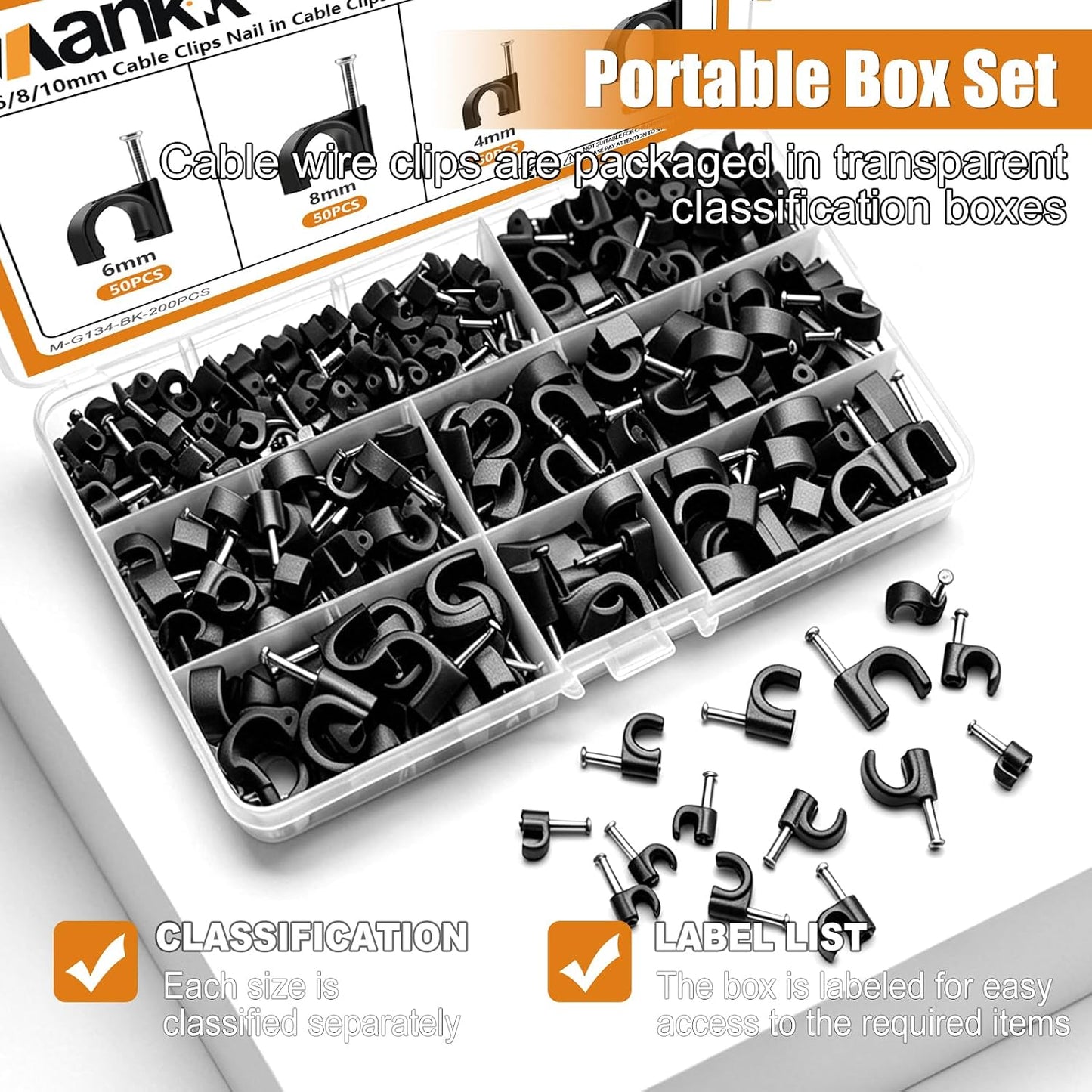 mankk 630PCS Steel Nail Cable Clips 4/5/6/8/10mm Round & 5/6mm Square | cable tacks for CAT6 RJ45 RG6 RG59 ethernet coax cords, white wall mounting clips
