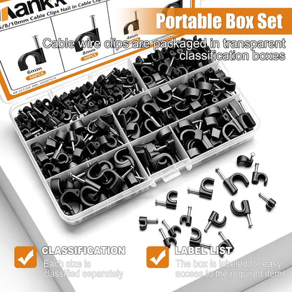 mankk 630PCS Steel Nail Cable Clips 4/5/6/8/10mm Round & 5/6mm Square | cable tacks for CAT6 RJ45 RG6 RG59 ethernet coax cords, white wall mounting clips