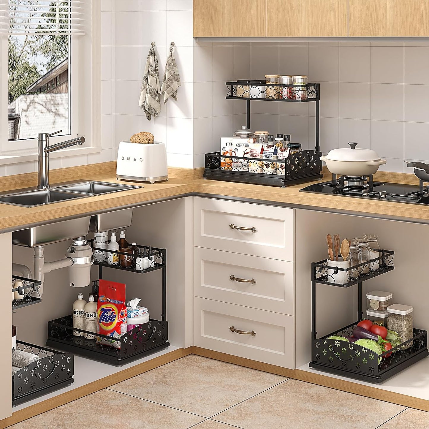 Sevenblue 2-Pack 2-Tier Height Adjustable Under Sink Organizer & Storage | Multi-purpose storage for kitchen & bathroom cabinet. Large black shelf, height adjustable design for space-saving.