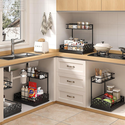 Sevenblue 2-Pack 2-Tier Height Adjustable Under Sink Organizer & Storage | Multi-purpose storage for kitchen & bathroom cabinet. Large black shelf, height adjustable design for space-saving.