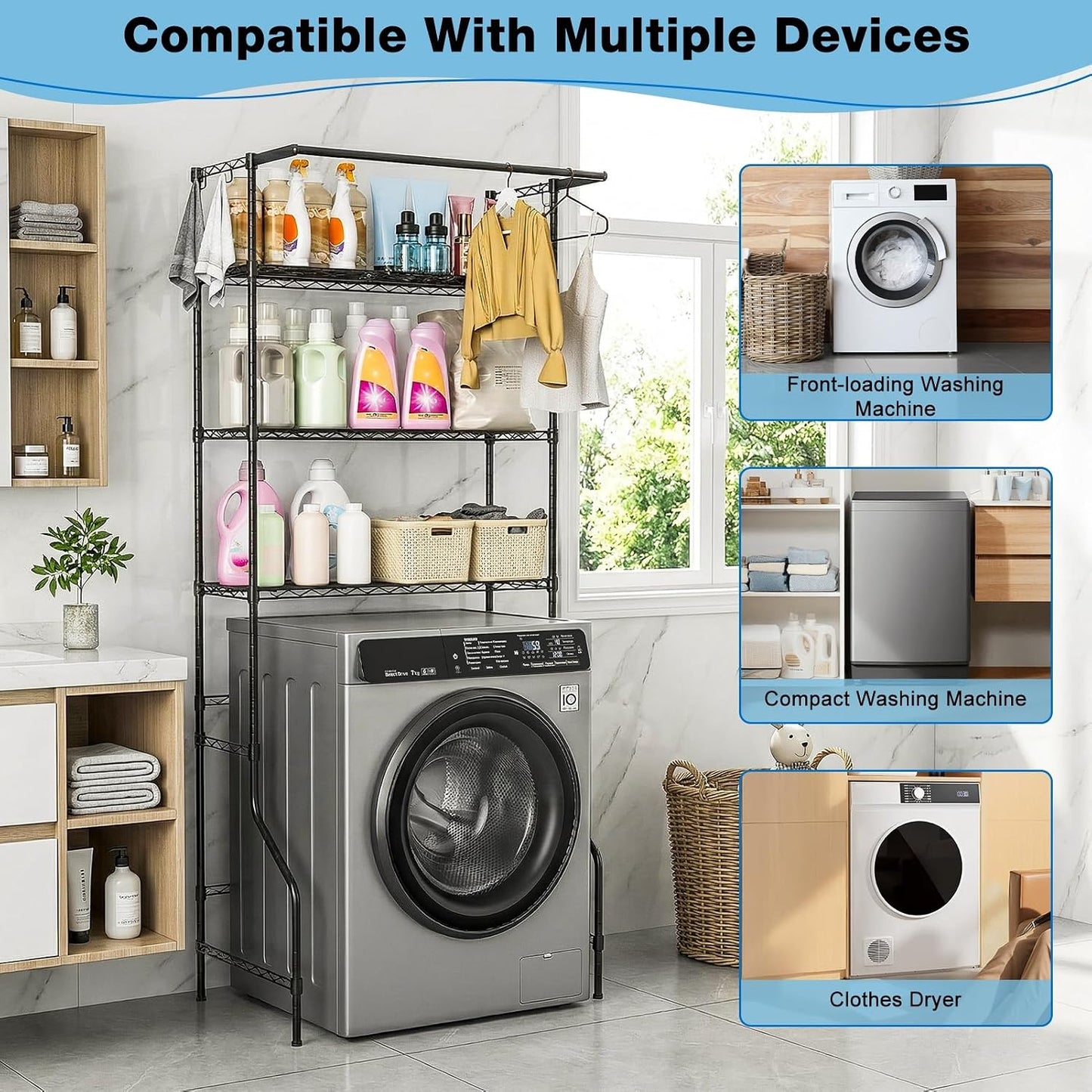 Laundry Room Shelf 3-Tier Metal Over Washer Dryer Storage Rack with Adjustable Height & Hanger Pole Freestanding Shelves for Laundry Room Organizer Black
