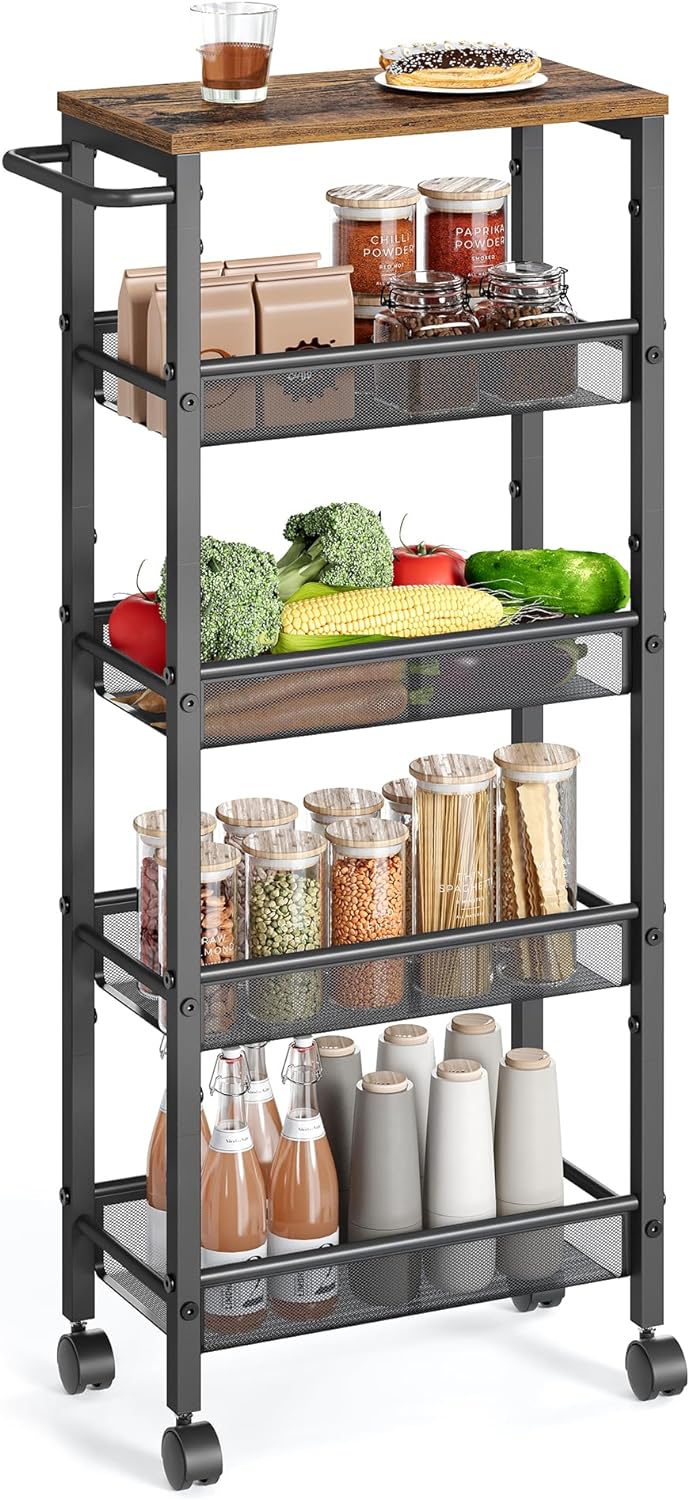VASAGLE Slim Rolling Cart, 4-Tier Narrow Storage Cart with Handle, 5.1 Inches Deep, Metal Frame, for Kitchen, Dining Room, Living Room, Home Office, Rustic Brown and Classic Black ULRC032B01V1