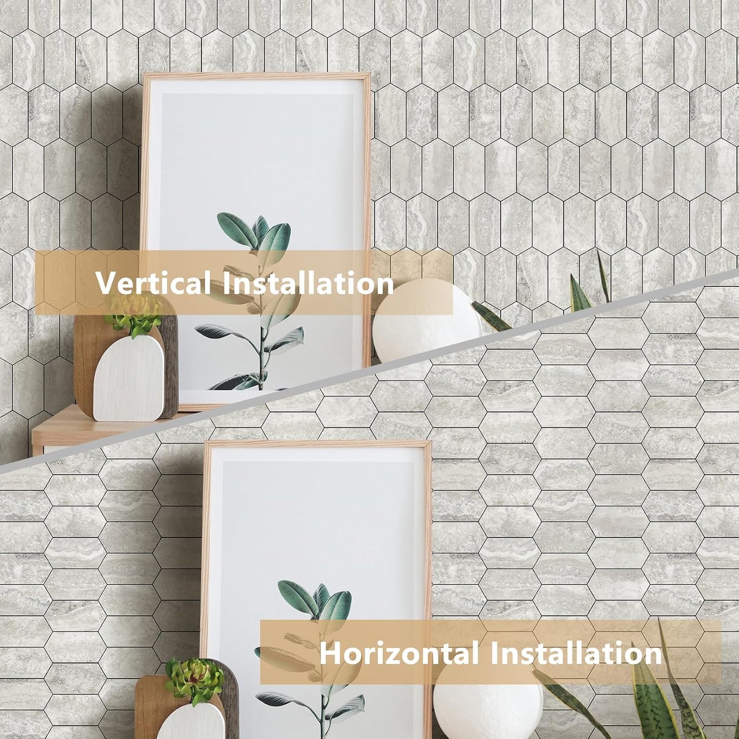 Vamos Tile Long Hexagon Peel and Stick Backsplash Tile - 10 Sheets Stick on Backsplash for Kitchen and Bathroom 12.4 x 12 Inch Glossy Wood Grain PVC Self Adhesive Mosaic Wall Tiles