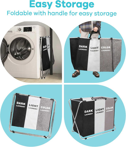 135L Laundry Cloth Hamper Sorter Basket Bin Foldable 3 Sections with Aluminum Frame 26''×24''H Washing Storage Dirty Clothes Bag for Bathroom Bedroom Home Storage Basket (Black+light grey+dark grey, 3