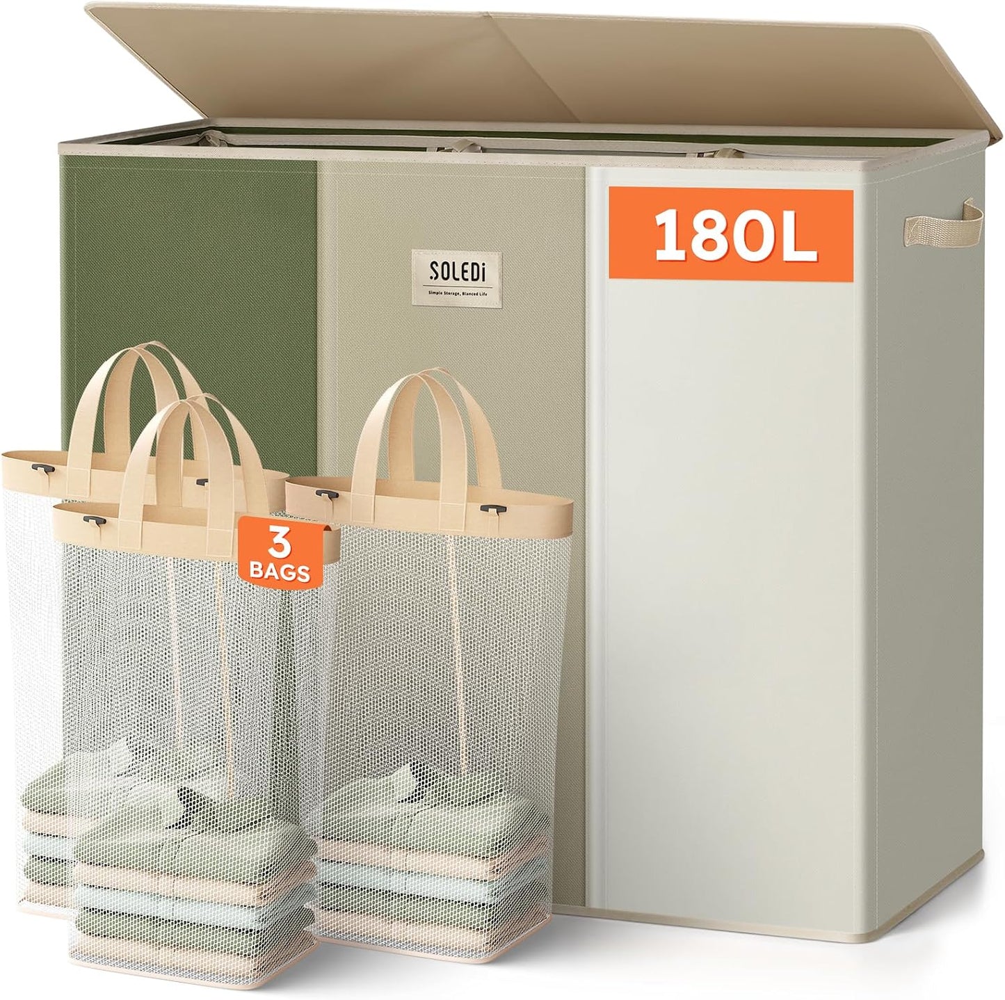 SOLEDI 180L Laundry Hamper 3 Section, Extra Large Laundry Hamper with Lid, Dirty Clothes Hamper with Sturdy Handle, Large Laundry Basket Organizer for Laundry Room, Bedroom, Hampers for Laundry
