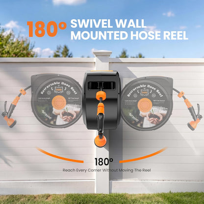 Retractable Garden Hose Reel, 1/2 in x 50 ft Wall Mounted Hose Reel | Anti-freeze 10-Function Sprayer Nozzle Any Length Lock Slow Return System 180°Swivel Bracke for Large Yard Lawn Car Washing