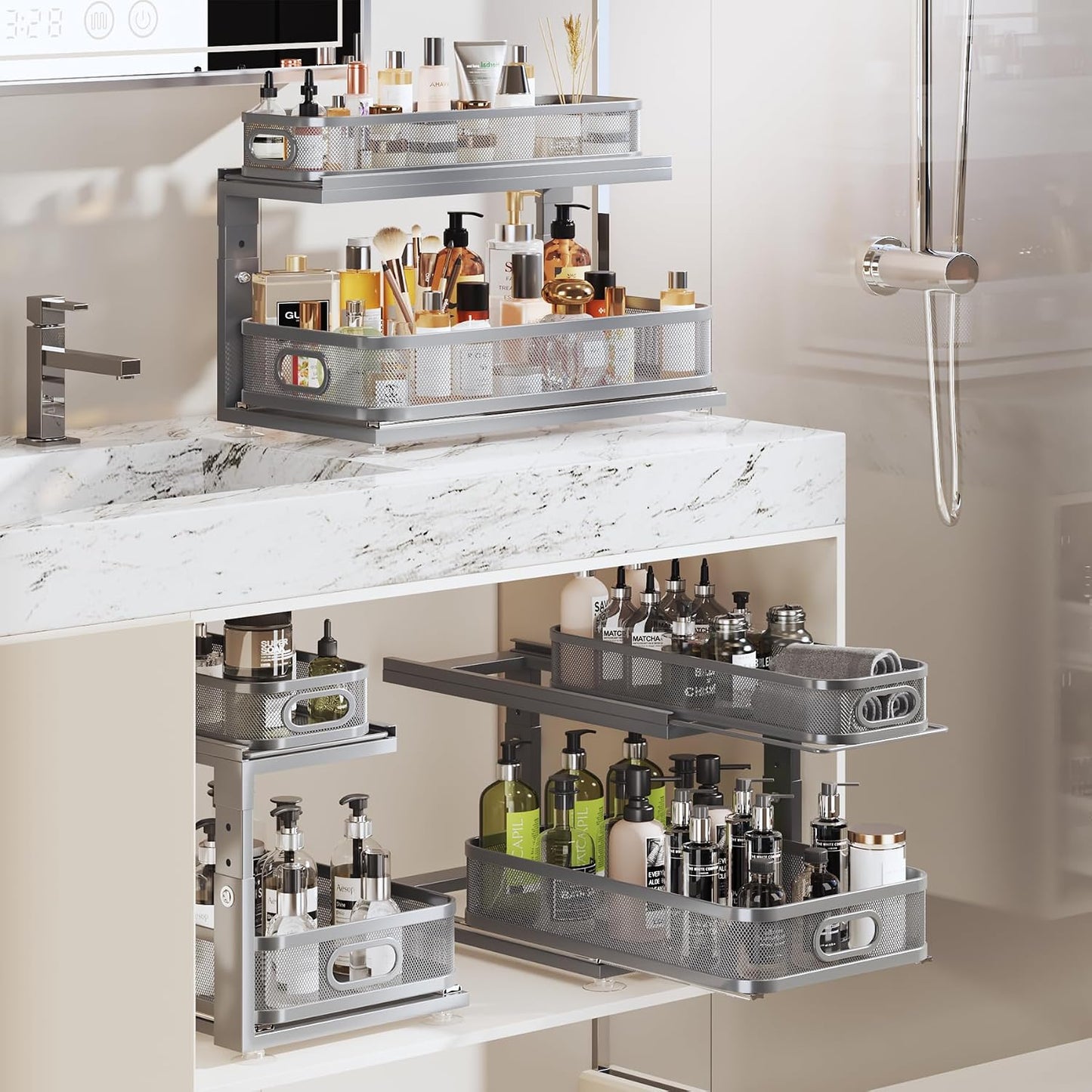 2 Pack 18.5IN-Depth Under Sink Organizer With Next-Gen Ball-Bearing Slides,2-Tier Precision Mesh Pull Out Cabinet Storage for Bathroom&Kitchen,Height Adjustable Drawers Shelf,Anti-rust-White