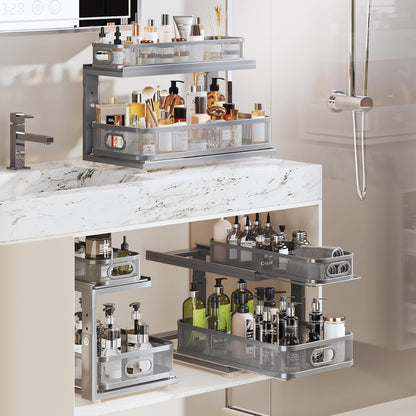 2 Pack 18.5IN-Depth Under Sink Organizer With Next-Gen Ball-Bearing Slides,2-Tier Precision Mesh Pull Out Cabinet Storage for Bathroom&Kitchen,Height Adjustable Drawers Shelf,Anti-rust-White