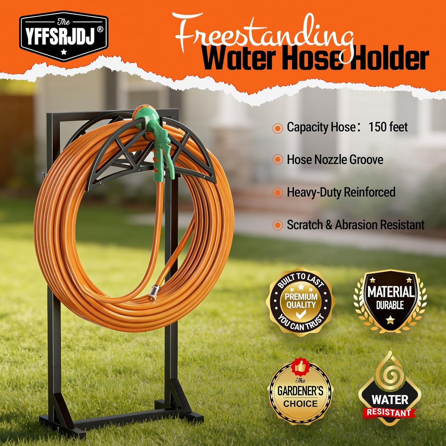 Garden Hose Holder, Heavy-Duty Water Hose Reel with Stable Base & 2 Tool Hooks, Freestanding Storage Rack for Outside, Holds 150ft – Metal Stand for Yard & Lawn