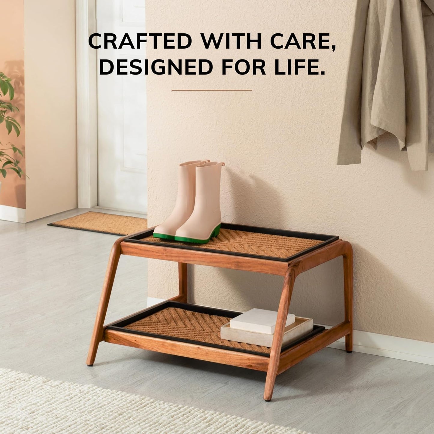 Anji Mountain Heavy Duty Waterproof Wooden Shoe Storage Mat Organizer/Boot Storage Tray Multi Use for Entryway with Coir, Tan Rectangle Embossed Insert, 1 Tier, Fits 2 Pair (26.5" Wide)