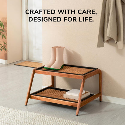 Anji Mountain Heavy Duty Waterproof Wooden Shoe Storage Mat Organizer/Boot Storage Tray Multi Use for Entryway with Coir, Tan Rectangle Embossed Insert, 1 Tier, Fits 2 Pair (26.5" Wide)