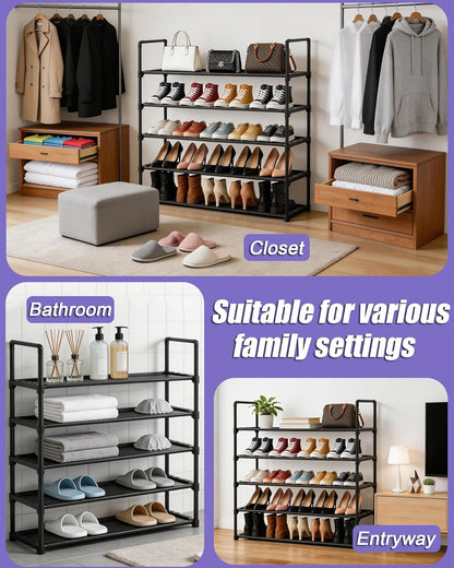 Upgrade Stackable Small Shoe Rack, 4-Tier Shoe Shelf Storage Organizer with Handle for Entryway, Hallway and Closet (Black)