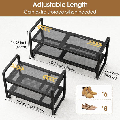 SAYZH Expandable Shoe Rack for Closet, Adjustable Metal Shoe Organizer with Sturdy Mesh Shelves for Boots & Heels, Stackable Shoe Storage for Entryway, Garage, Small Spaces (Black, 2-Tier)