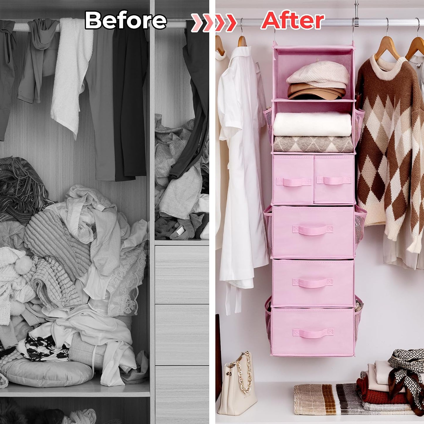 GRANNY SAYS Hanging Closet Organizer 6 Shelves, Closet Organizers and Storage with 5 Drawers, 6 Side Pockets Closet Hanging Organizer, Hanging Storage Organizer for Closet, Baby Clothes, Gray