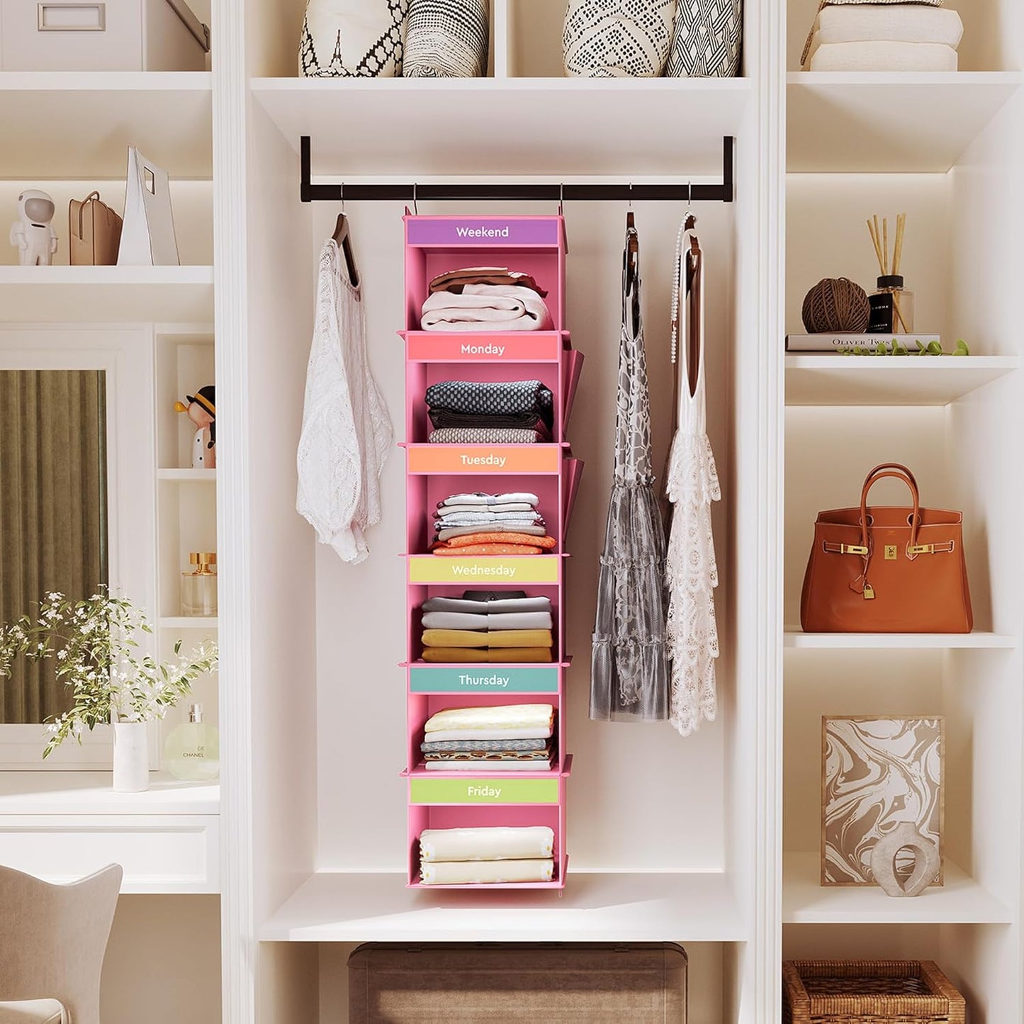 YOUDENOVA 6-Shelf Weekly Hanging Closet Organizer, Weekly Clothes Organizers for Kids with 2 Side Pockets, Pink