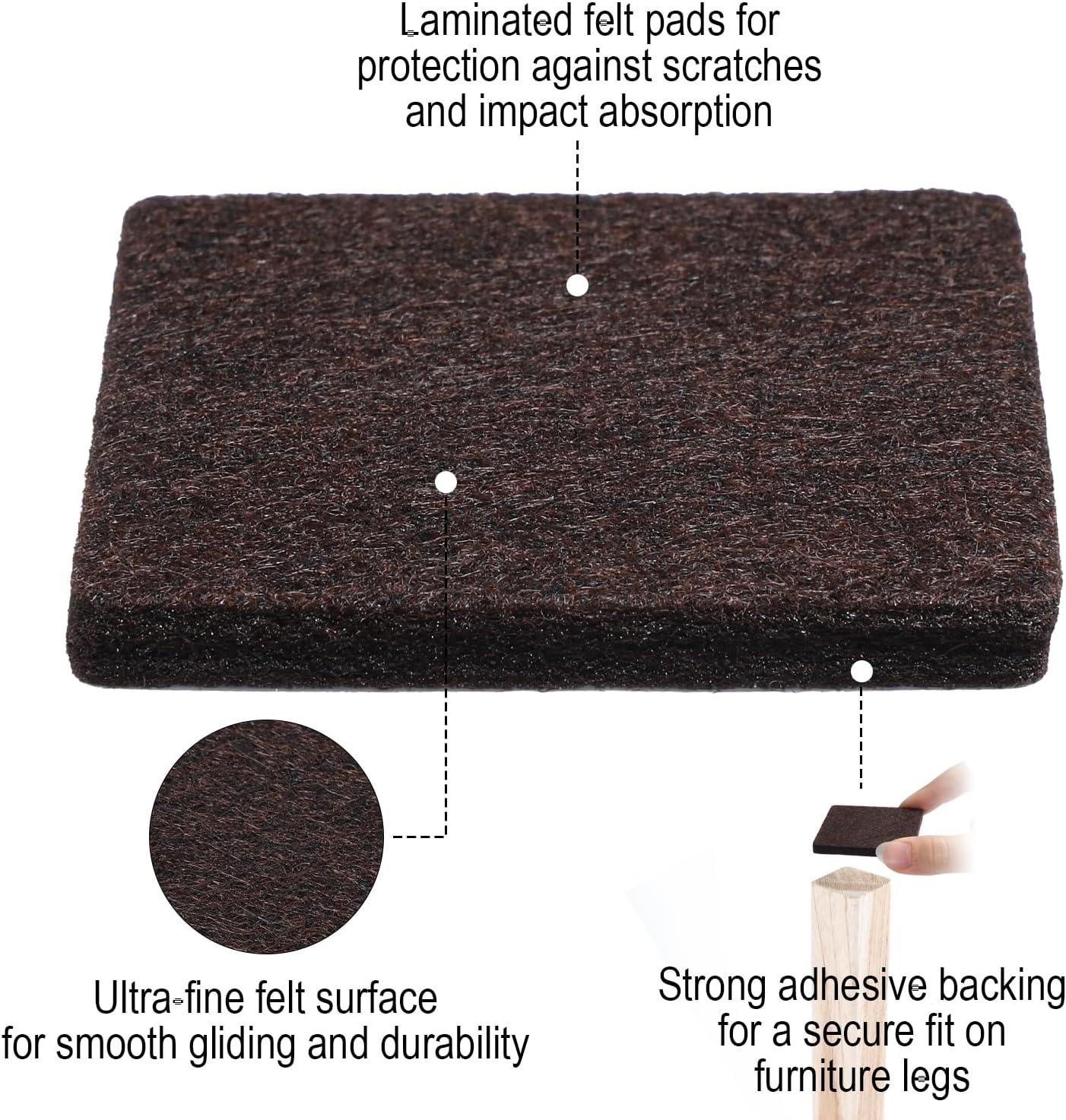 12 PCS Square Felt Pads for Chair Legs, 2 × 2 Inch Thick Adhesive Felt Pads | Non Scratch Furniture Pads for Hardwood Floors, Brown