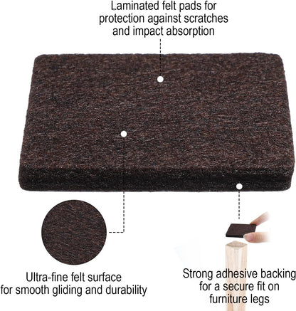 12 PCS Square Felt Pads for Chair Legs, 2 × 2 Inch Thick Adhesive Felt Pads | Non Scratch Furniture Pads for Hardwood Floors, Brown