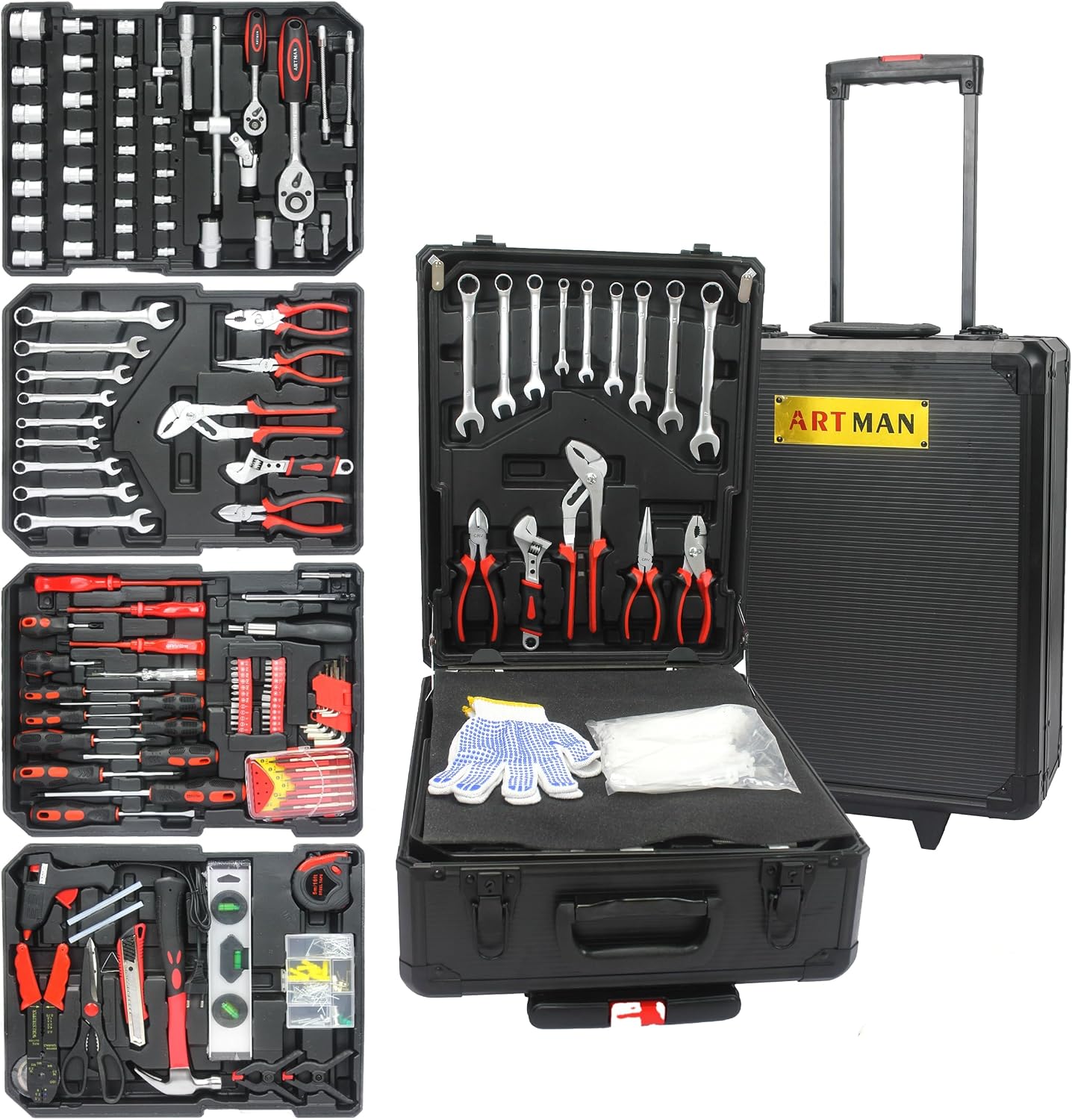899pcs Home Repair Tool Set Kit for Men, Toolbox Storage Case with 4 Drawers, General Household Tool Kit with Rolling Tool Box, Tool Set Kit for Maintenance, Garden, Homeowner, Handyman,Silver Case