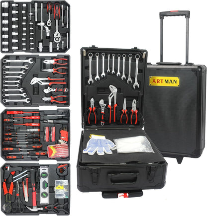 899pcs Home Repair Tool Set Kit for Men, Toolbox Storage Case with 4 Drawers, General Household Tool Kit with Rolling Tool Box, Tool Set Kit for Maintenance, Garden, Homeowner, Handyman,Silver Case