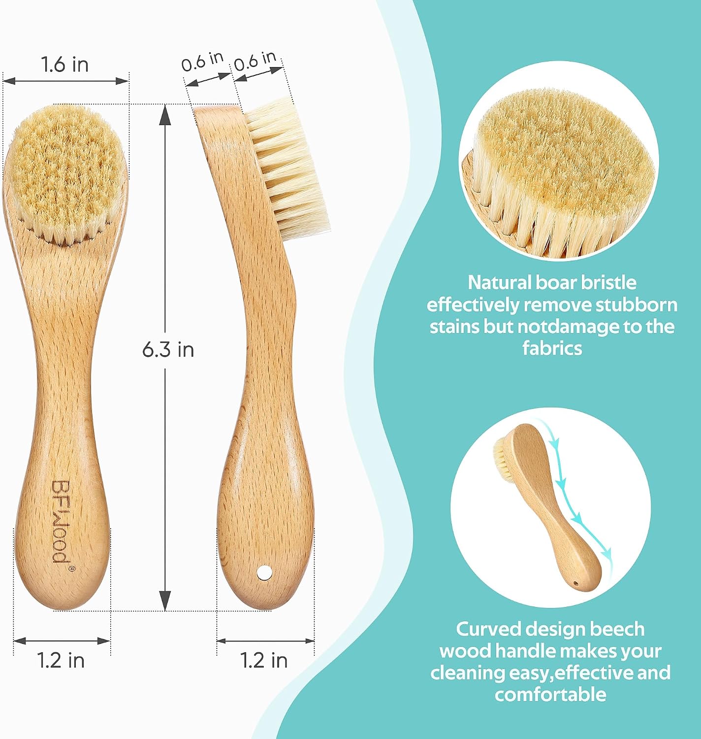 BFWood Laundry Stain Brush, Natural Soft Boar Bristle for Scrubbing Out Tough Stains on Delicate Fabrics, Knits, Cotton, Linens, No Damage
