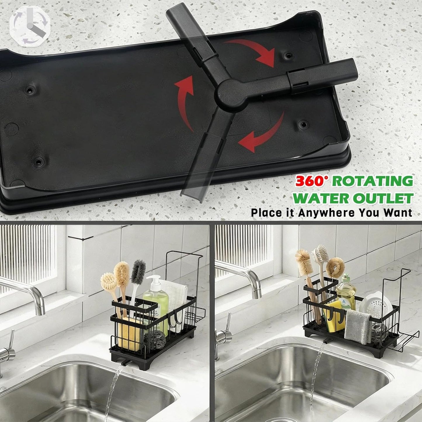 Sponge Holder for Kitchen Sink, Sink Caddy Organizer with Detachable Cloth & Brush Holder, Self-Draining Sponge Caddy Organizer with 360° Rotatable Spout, Kitchen Countertop Storage Accessories(Black)