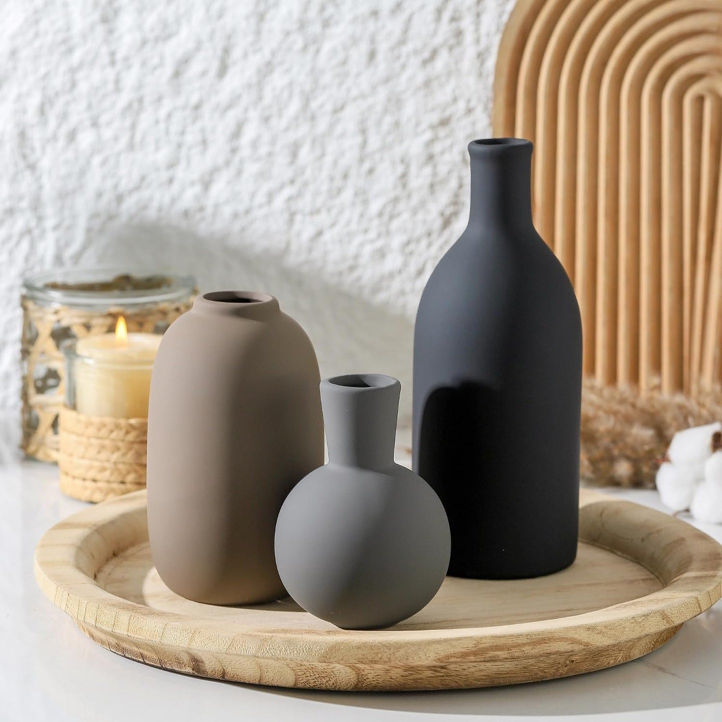 Ceramic Vase Set of 3, Decorative Vases Home Decor Modern Neutral Flower Pampass Boho Vase for Living Room, Table, Mantel, Entryway, Bookshelf, Kitchen, Bedroom, Bathroom - White