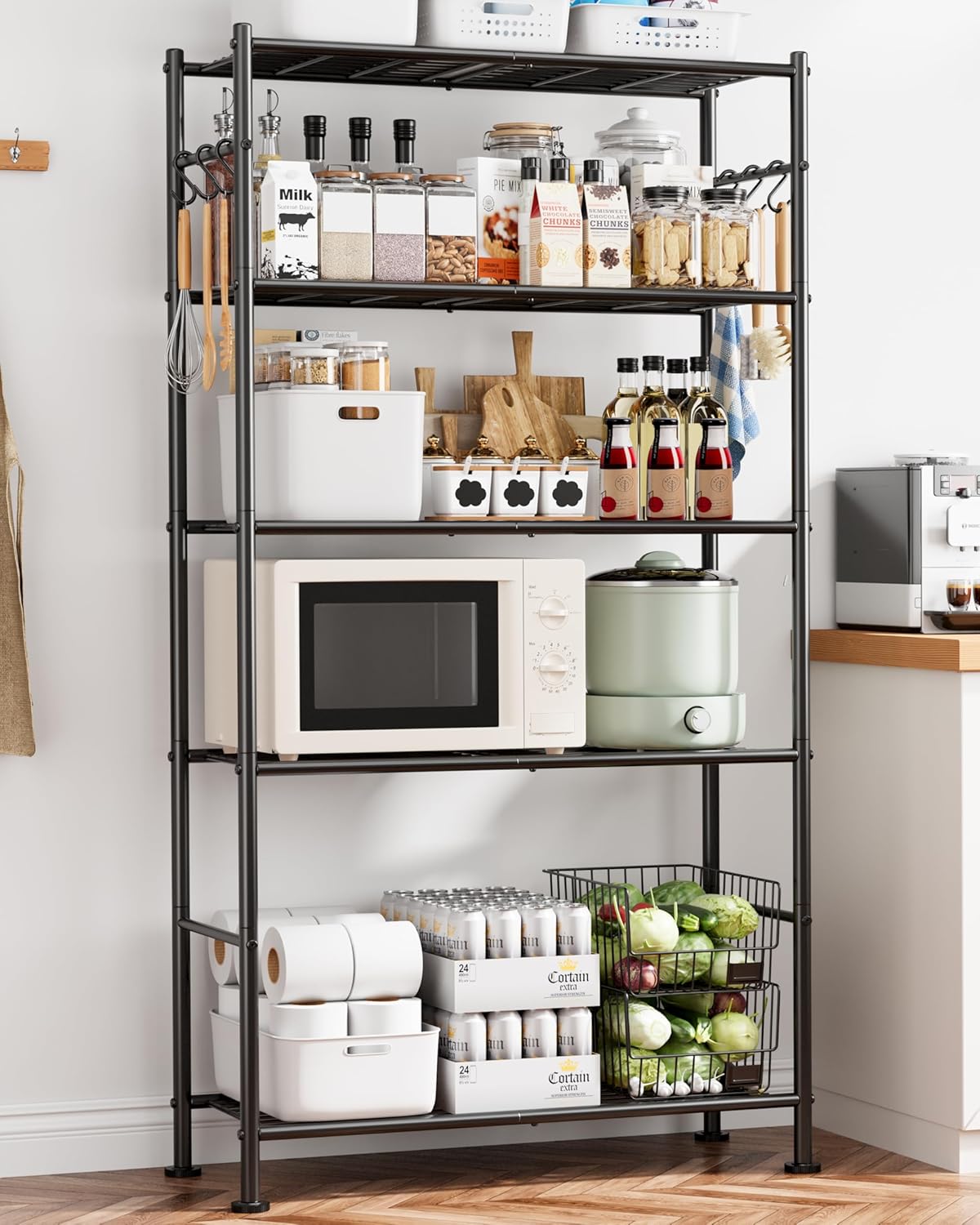 Sakugi Storage Shelves - 5-Tier Large Capacity Shelf Organizer with Hooks, Heavy-Duty Garage Shelving with Leveling Feet, Wobble-Free Rack for Bedroom, Balcony, Garage, 18.1"×12.4"×56.8", Black