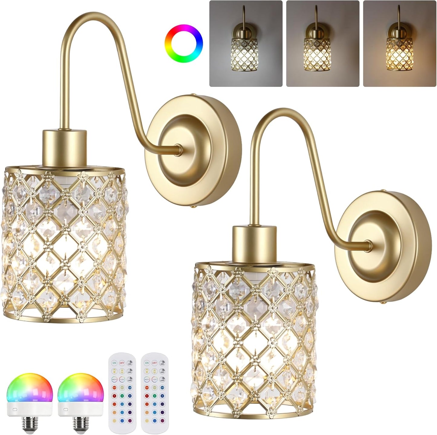 Battery Operated Wall Sconce Set of 2, Rechargeable Wireless Sconces with Dimmable Detachable Magnetic Bulbs and Remote, 3 Colors Wall Lights for Bedroom Living Room Hallway Fireplace