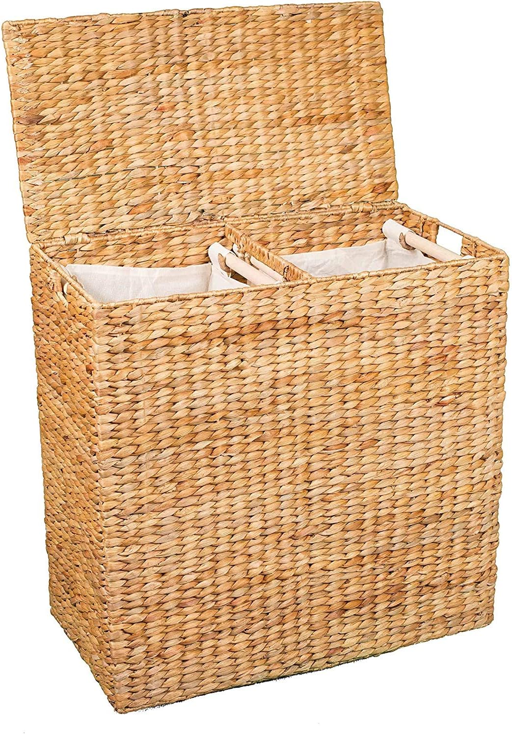 BirdRock Home Water Hyacinth Laundry Hamper Divided Interior (Espresso) | Eco-Friendly | Made of Hand Woven Hyacinth Fibers | Includes Two Removable Cotton Liners Bag | Wicker Laundry Basket with Lid