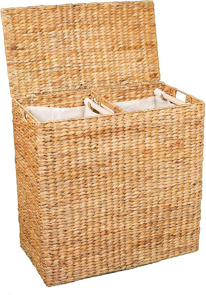 BirdRock Home Water Hyacinth Laundry Hamper Divided Interior (Espresso) | Eco-Friendly | Made of Hand Woven Hyacinth Fibers | Includes Two Removable Cotton Liners Bag | Wicker Laundry Basket with Lid